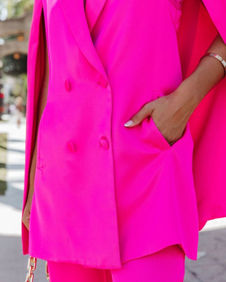 Blazers * | Statement Maker Satin Cape Pocketed Blazer Hot Pink Final Sale