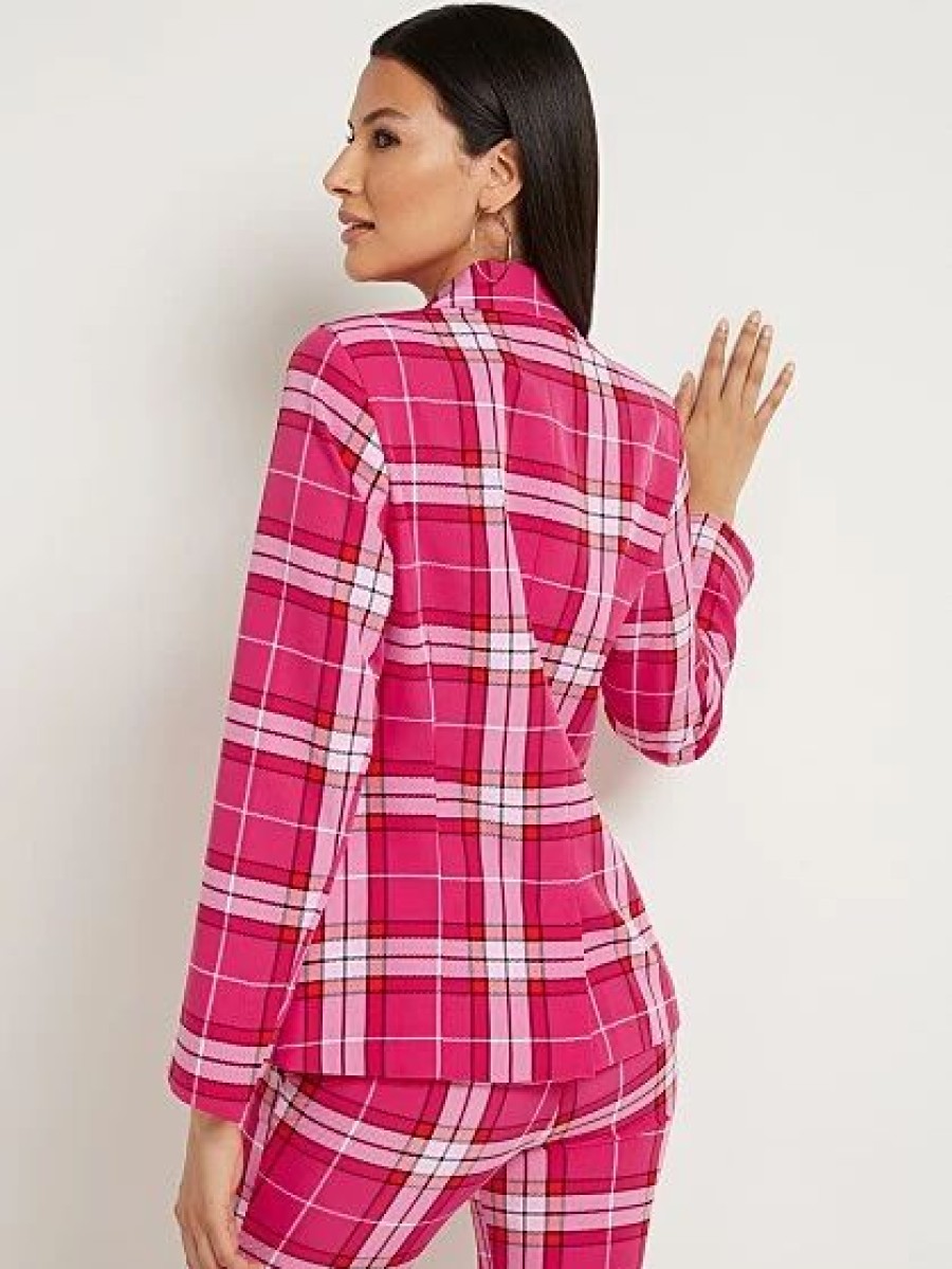 Jackets * | Plaid Double-Button Blazer Purple - Fuchsia Purple