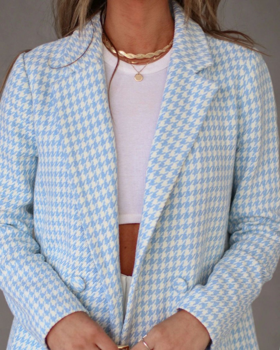 Coats & Jackets * | Mckenzie Houndstooth Pocketed Blazer Light Blue Sale