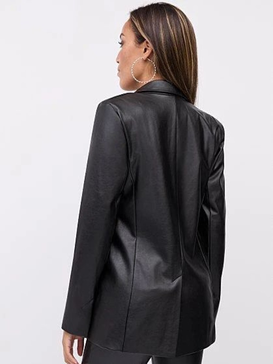 Jackets * | Faux-Leather Double-Breasted Blazer Black - Black