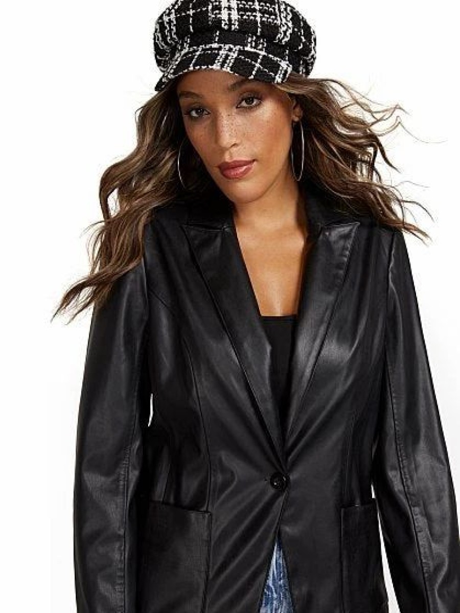 Dresses * | Faux-Leather Blazer Black - Black