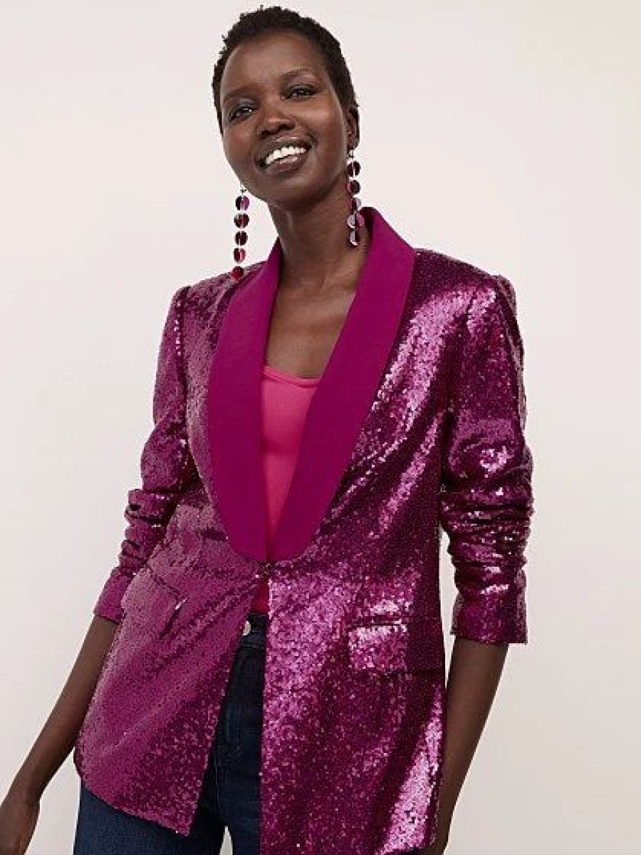 Jackets * | Sequin Single-Button Blazer Purple - Fuchsia Glow