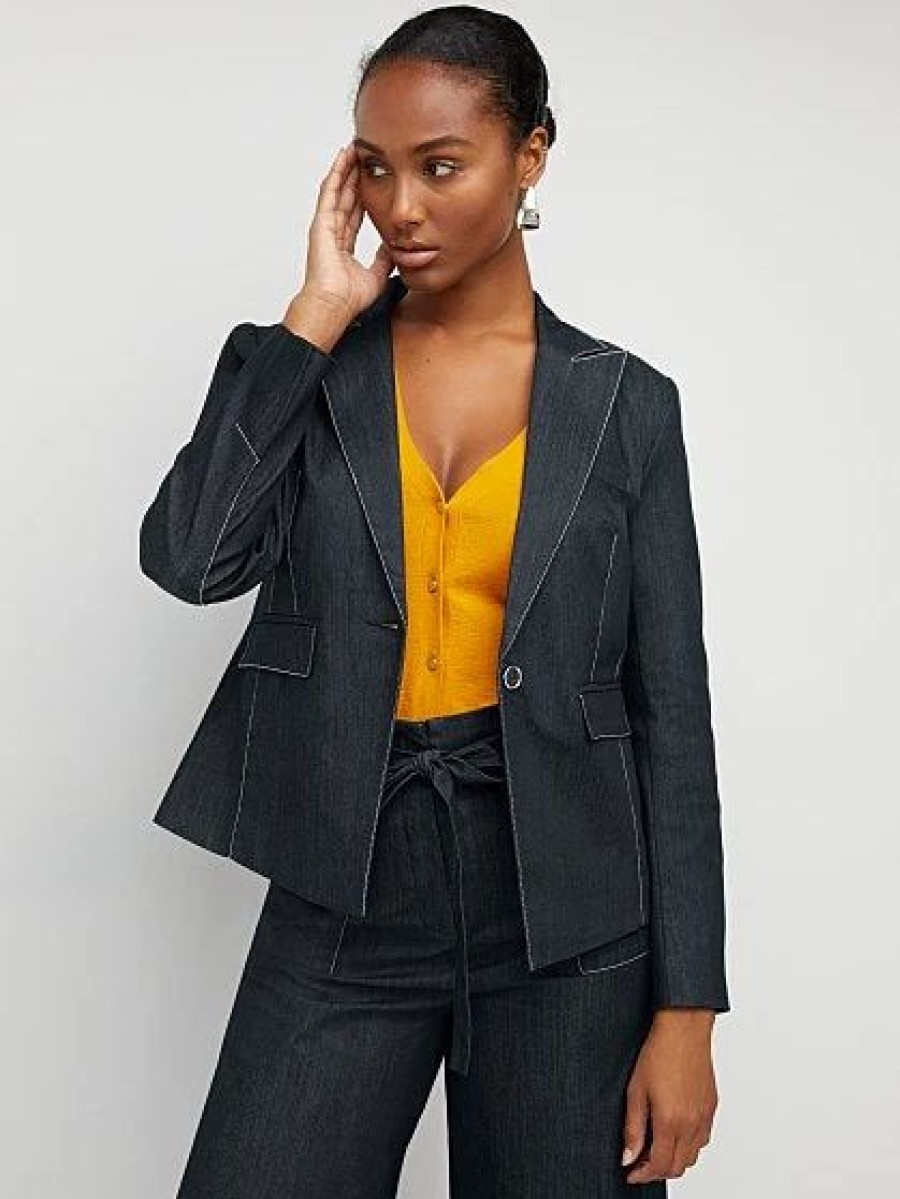 Jackets * | Single-Button Topstitch Blazer Blue - Navy