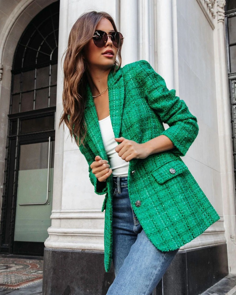 Blazers * | Priestly Pocketed Tweed Blazer Emerald Final Sale