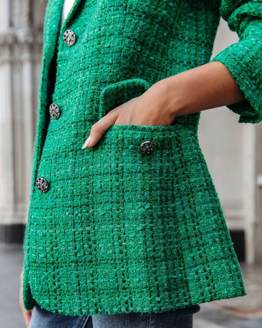 Blazers * | Priestly Pocketed Tweed Blazer Emerald Final Sale