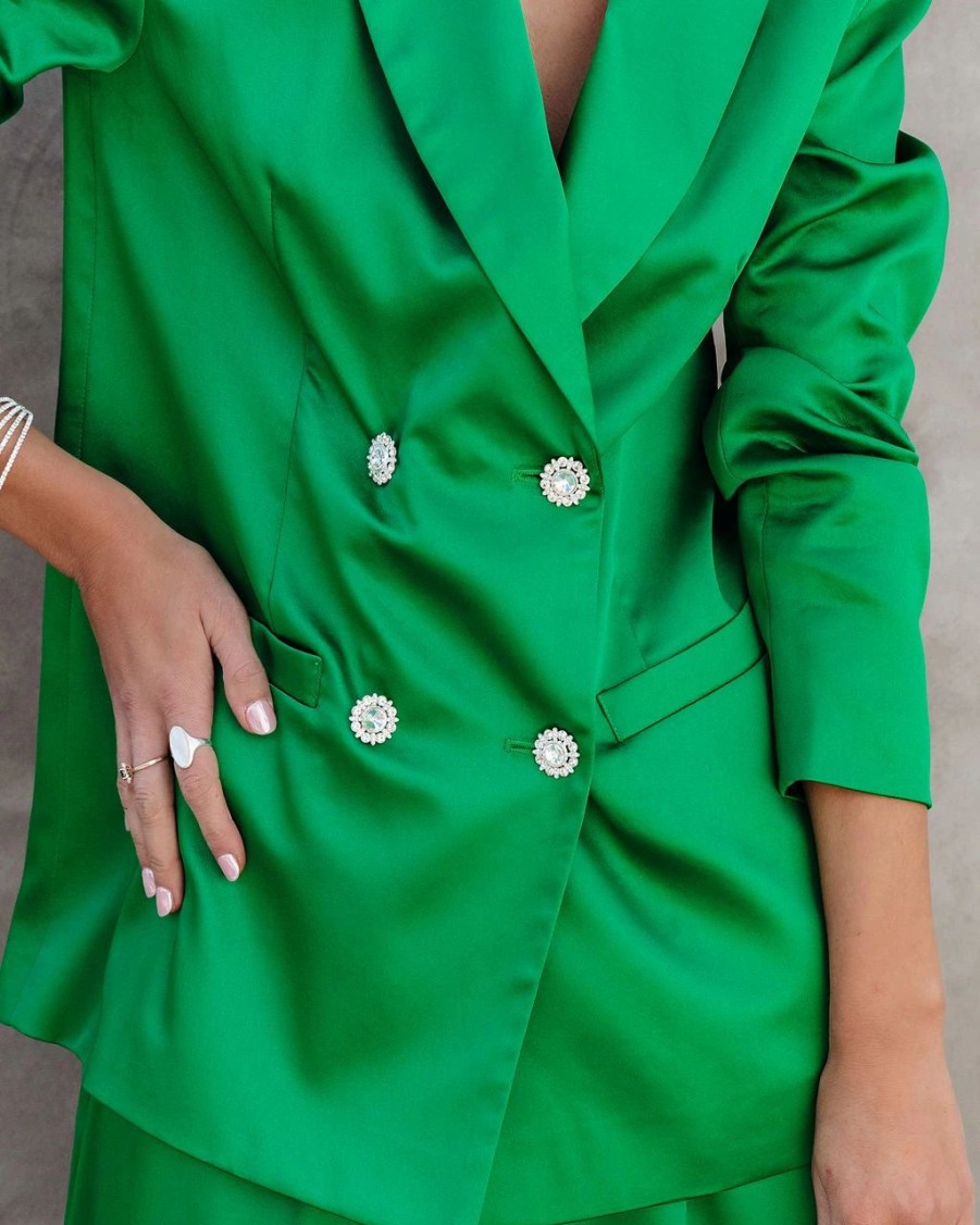 Blazers * | Sensational Queen Satin Embellished Pocketed Blazer Emerald Final Sale