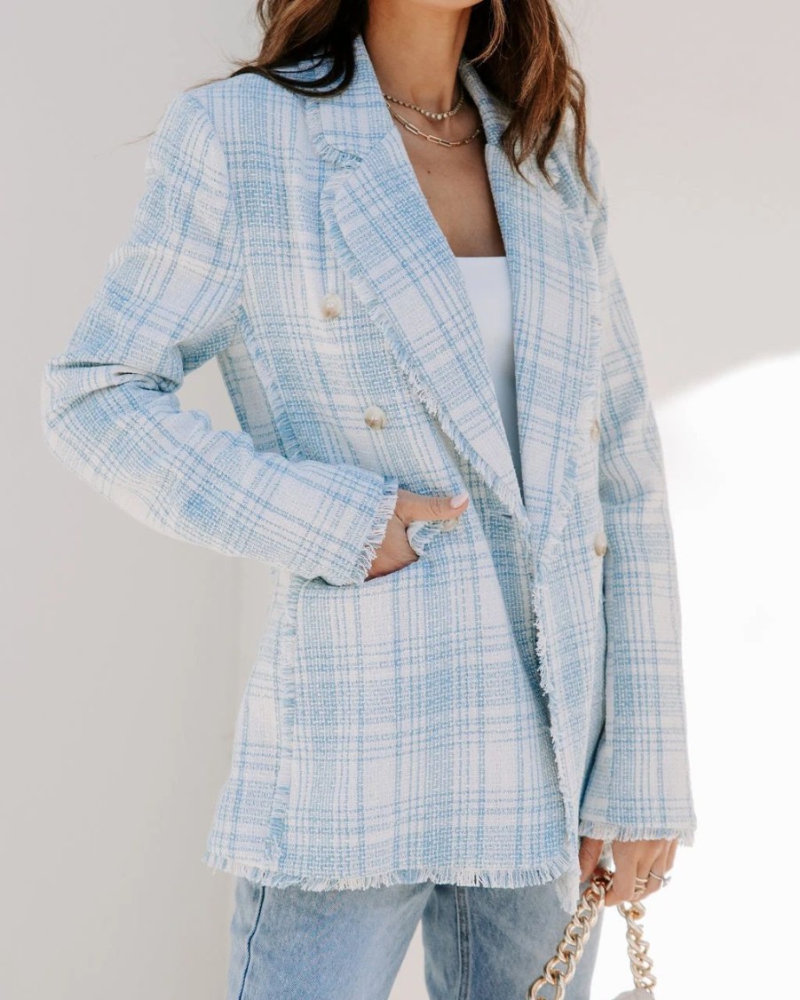 Coats & Jackets * | Act With Class Tweed Pocketed Frayed Hem Blazer Light Blue/White Sale