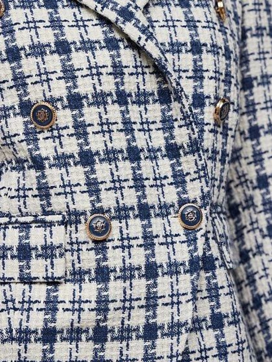 Jackets * | Tweed Check Double-Breasted Blazer Blue - Navy