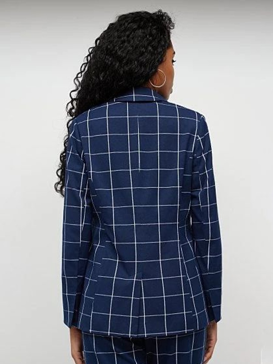 Jackets * | Windowpane-Print Blazer Blue - Navy