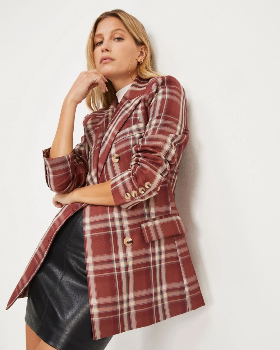 Blazers * | Nadia Pocketed Plaid Blazer Burgundy Final Sale