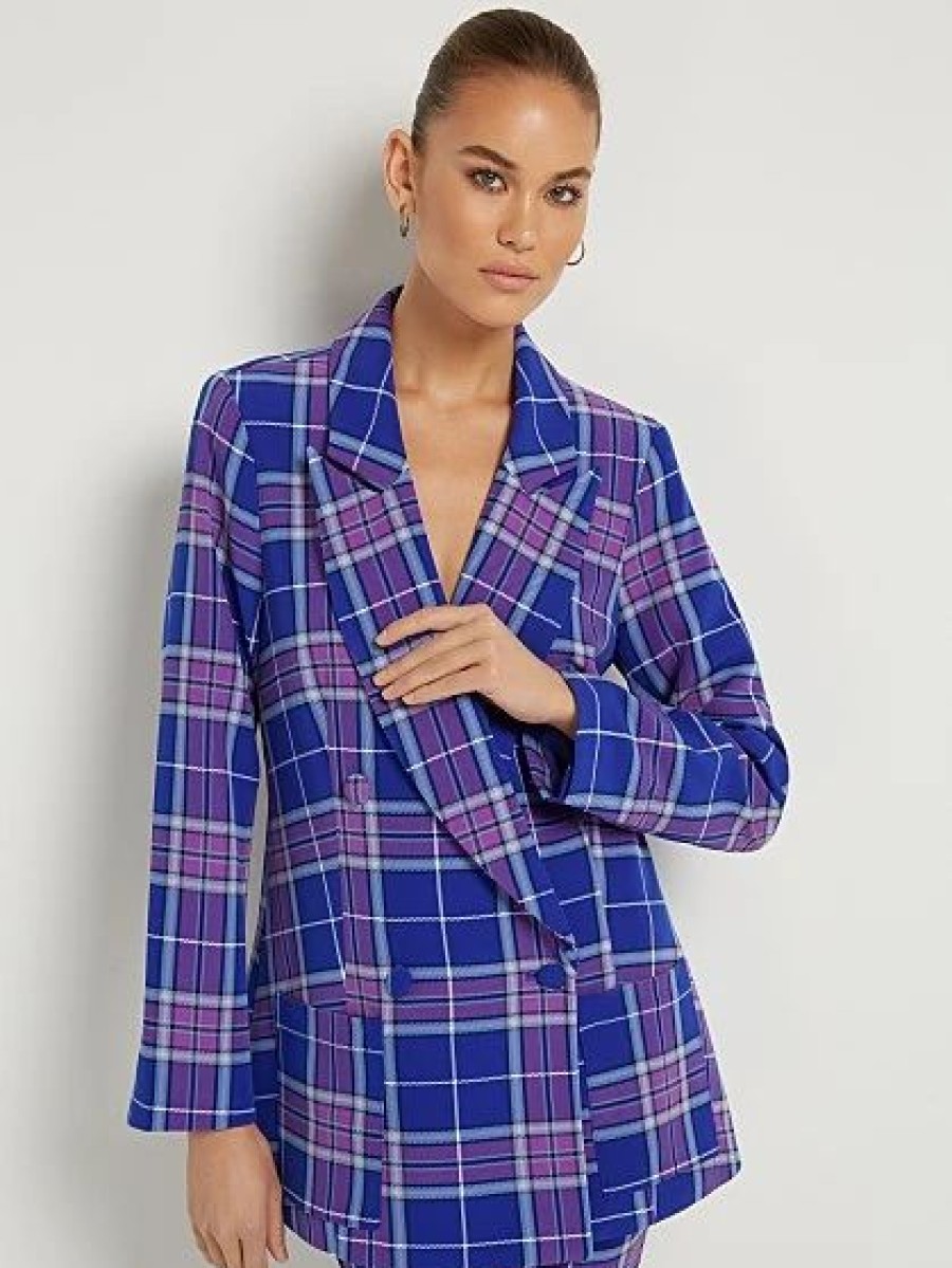 Jackets * | Plaid Double-Breasted Blazer Blue - Sullivan Blue