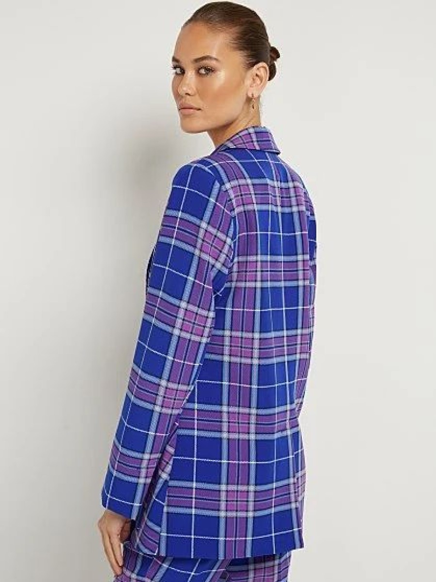 Jackets * | Plaid Double-Breasted Blazer Blue - Sullivan Blue