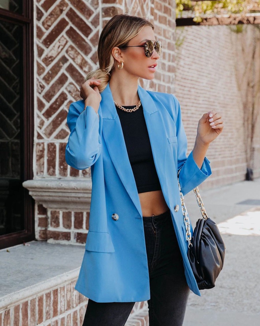 Blazers * | Whinn Pocketed Blazer Blue Final Sale