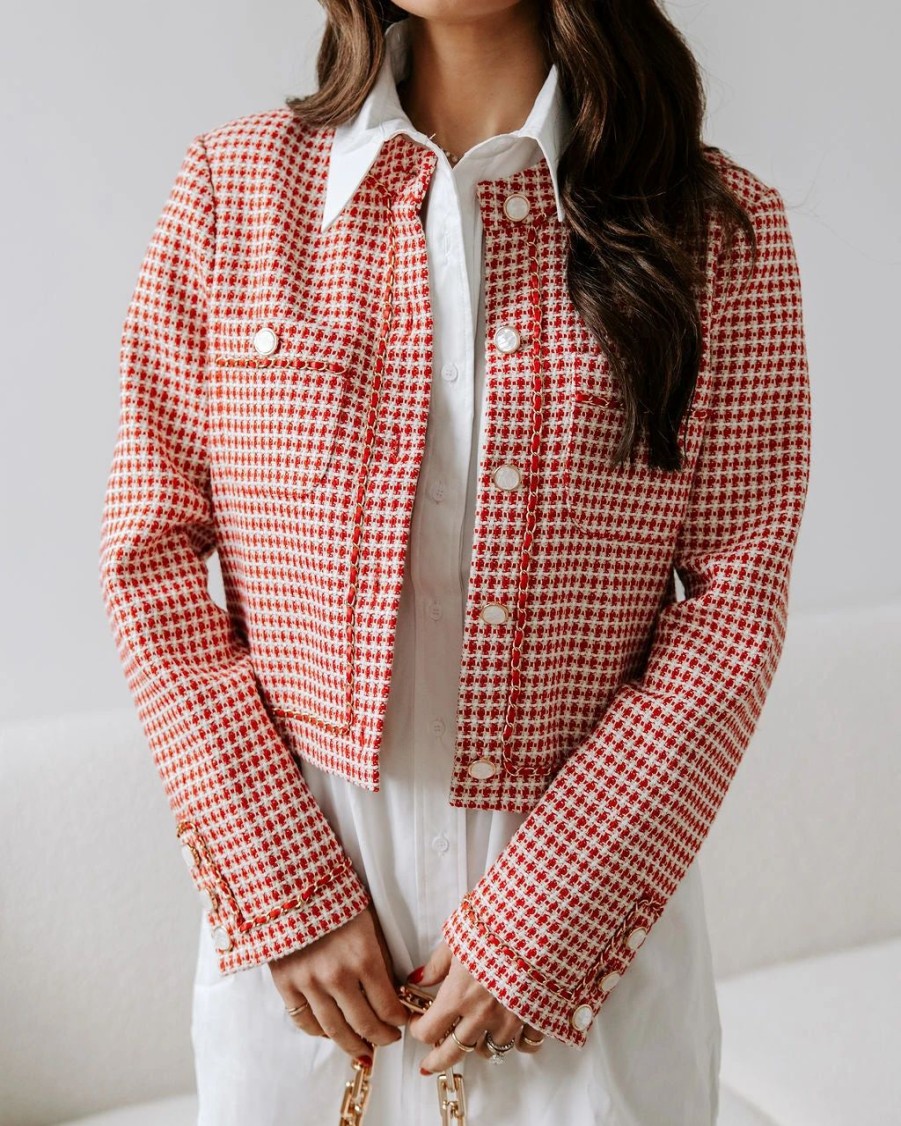 Blazers * | Alana Tweed Chain Trim Blazer Red Final Sale