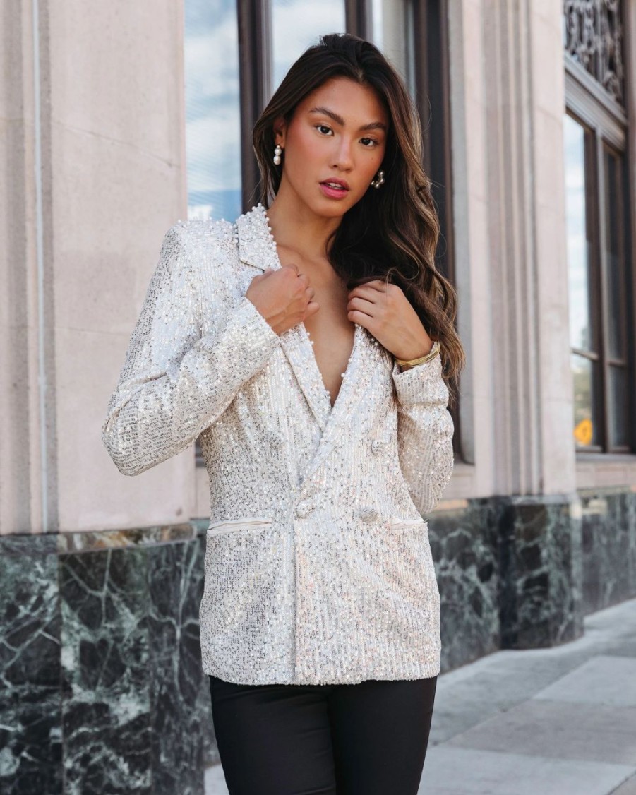 Blazers * | Friday Spotlight Pocketed Sequin Pearl Embellished Blazer Silver Final Sale