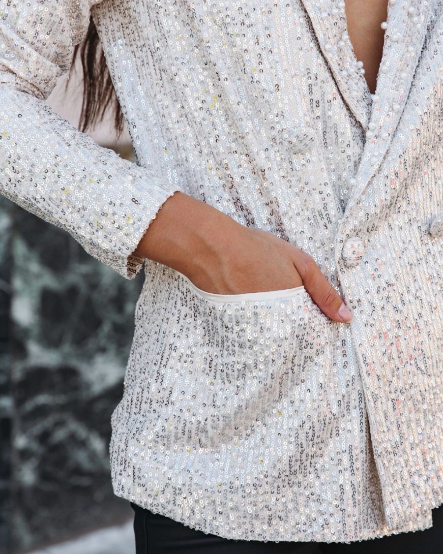 Blazers * | Friday Spotlight Pocketed Sequin Pearl Embellished Blazer Silver Final Sale