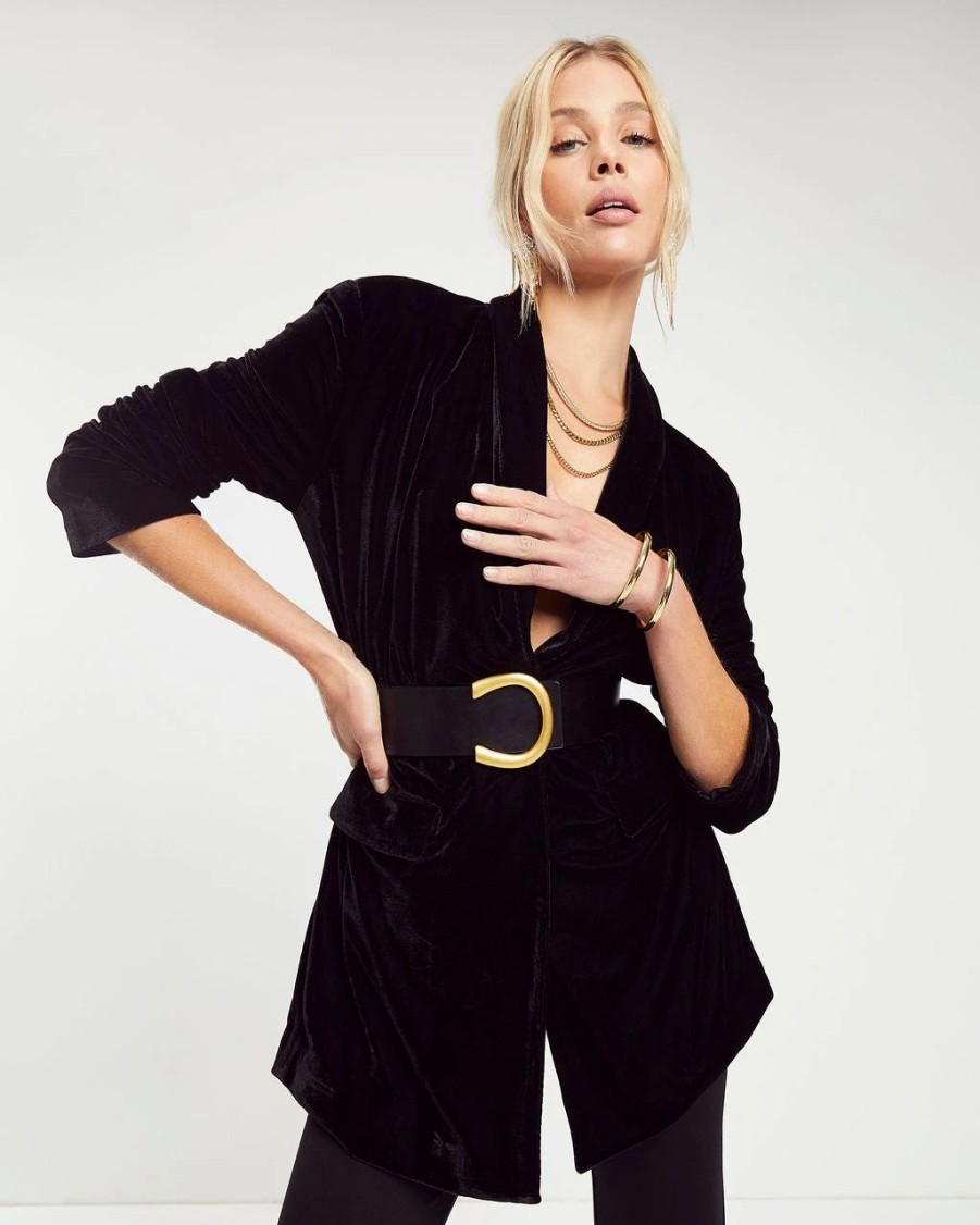 Blazers * | Chicest Pocketed Velvet Blazer Black Final Sale