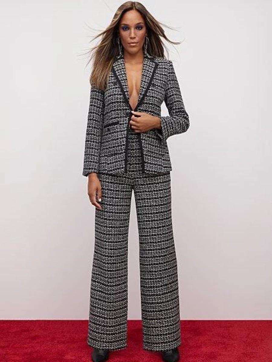 Jackets * | Tweed Piped-Edge Tailored Blazer Black - Black/White