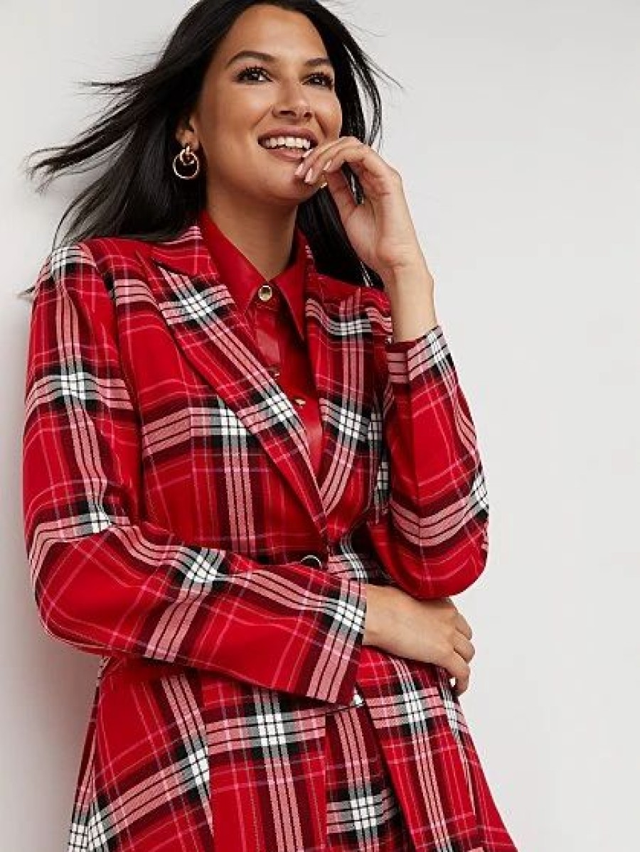 Jackets * | Plaid Single-Button Blazer Red - Rouge Red