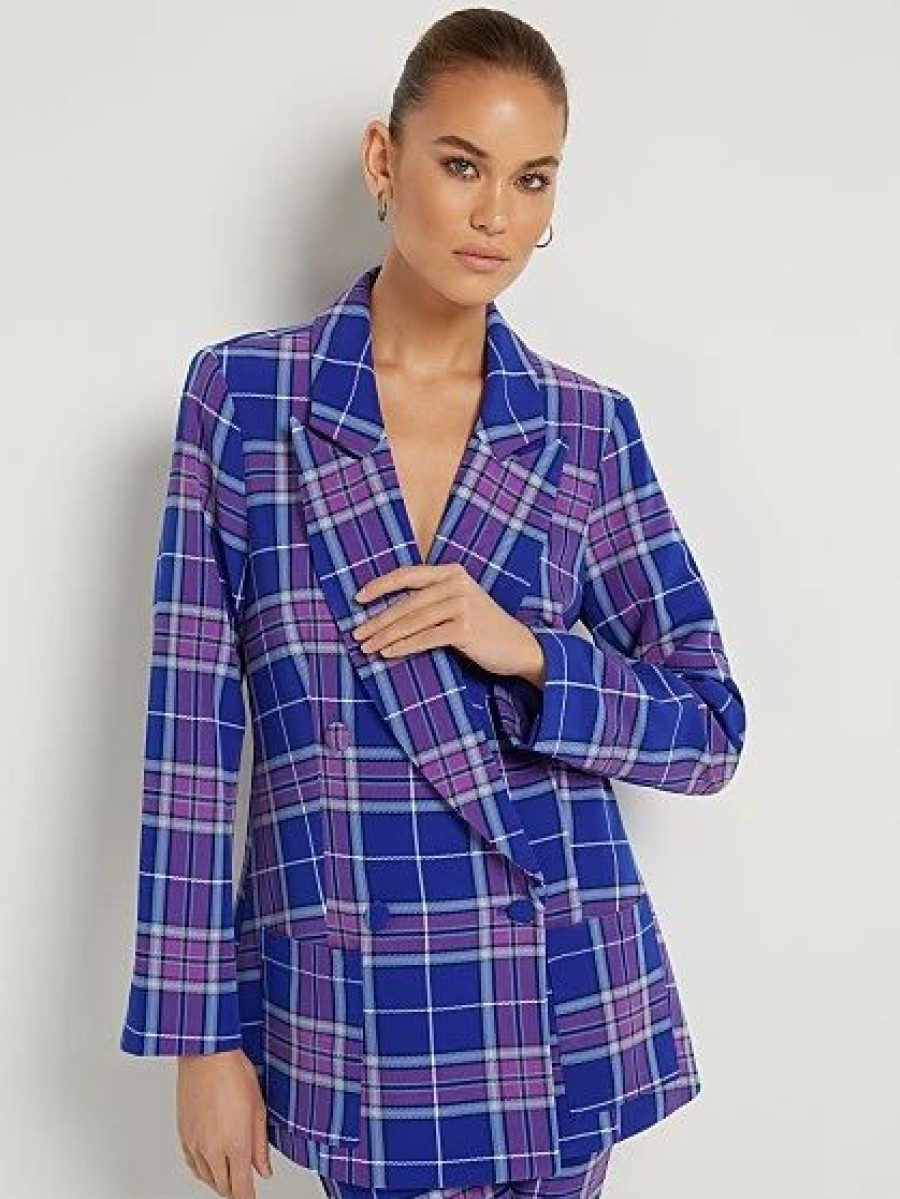 Jackets * | Plaid Double-Breasted Blazer Blue - Sullivan Blue