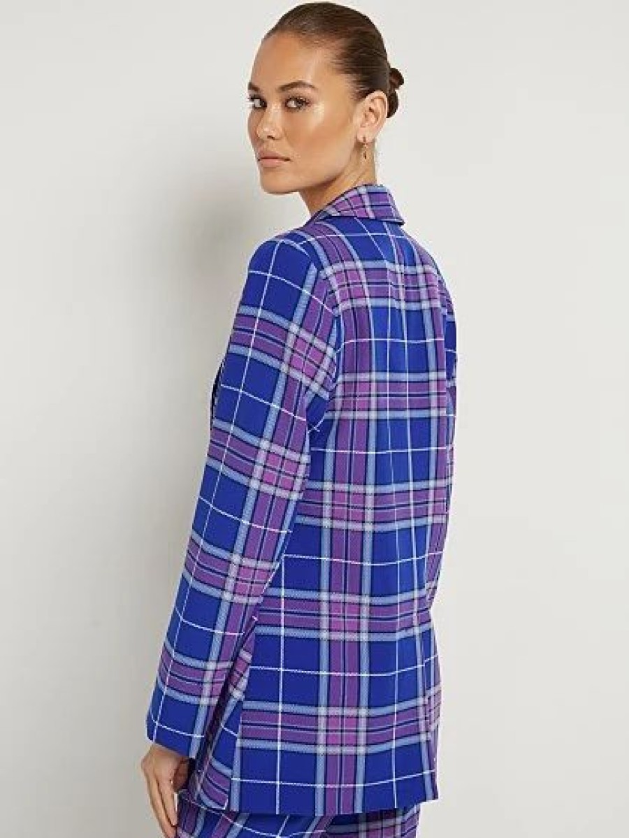 Jackets * | Plaid Double-Breasted Blazer Blue - Sullivan Blue