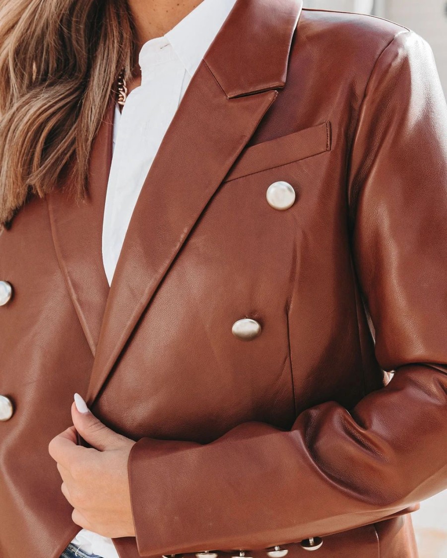 Blazers * | Impress Me Much Pocketed Faux Leather Blazer Chocolate Final Sale