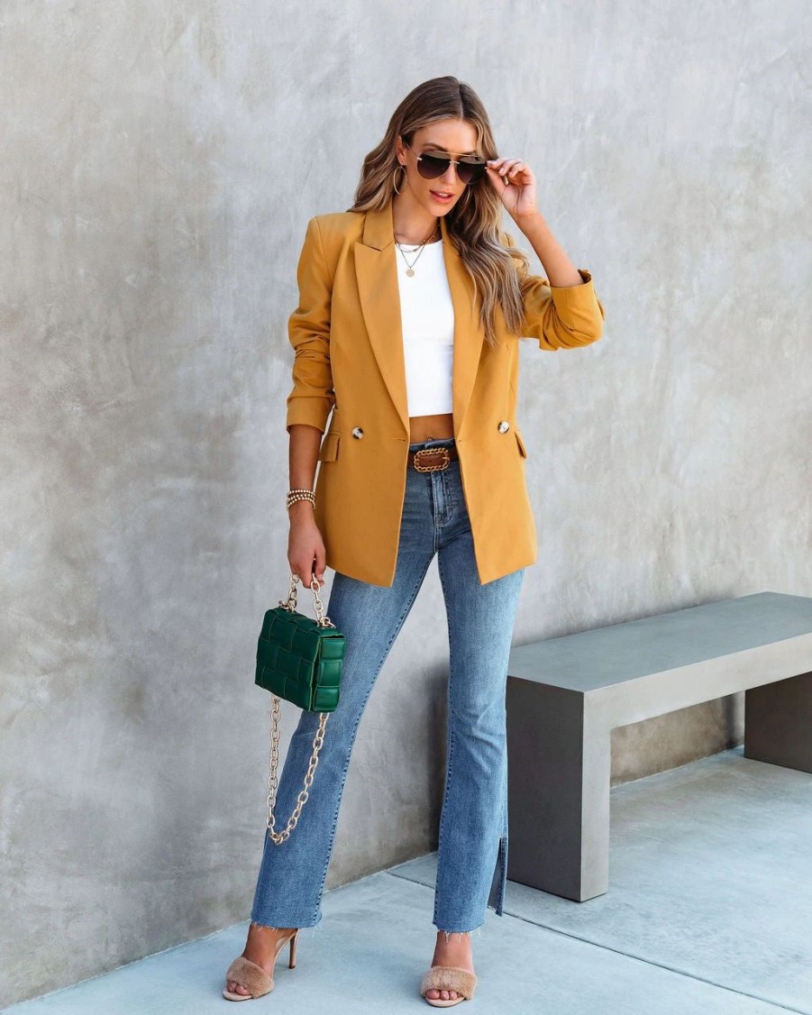 Blazers * | Angelita Pocketed Blazer Mustard Final Sale