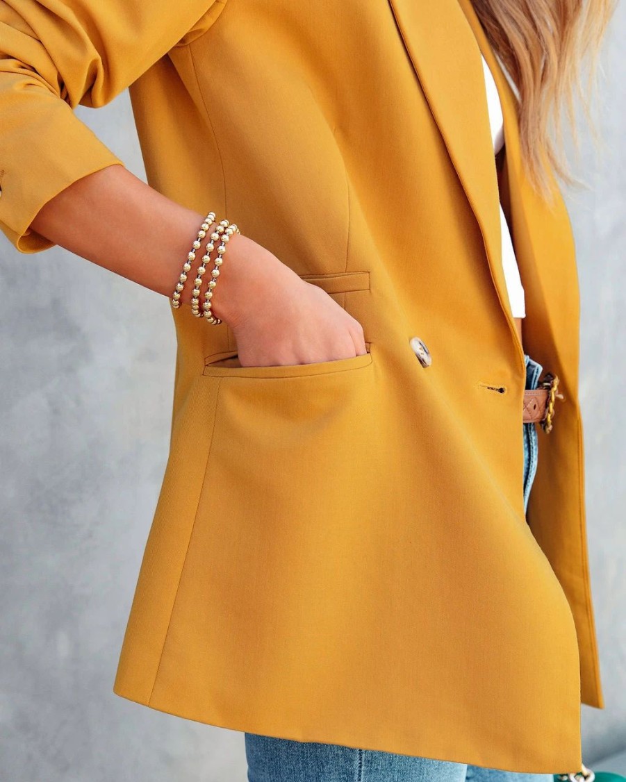 Blazers * | Angelita Pocketed Blazer Mustard Final Sale