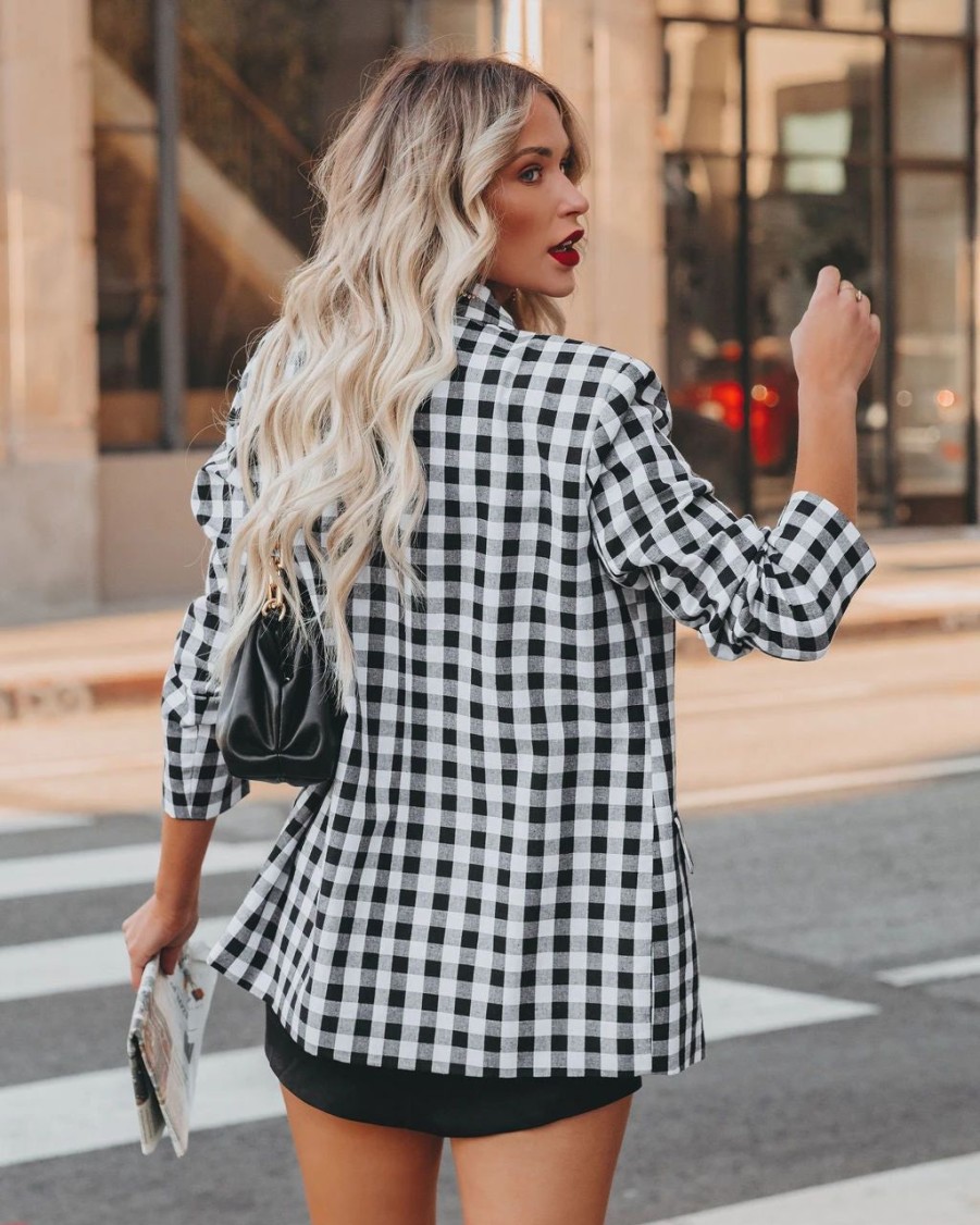 Blazers * | Rochelle Cotton Blend Pocketed Gingham Blazer Black Final Sale