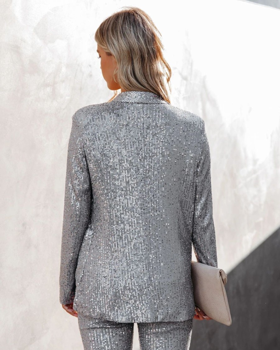 Blazers * | Festive Flair Pocketed Sequin Blazer Silver Final Sale