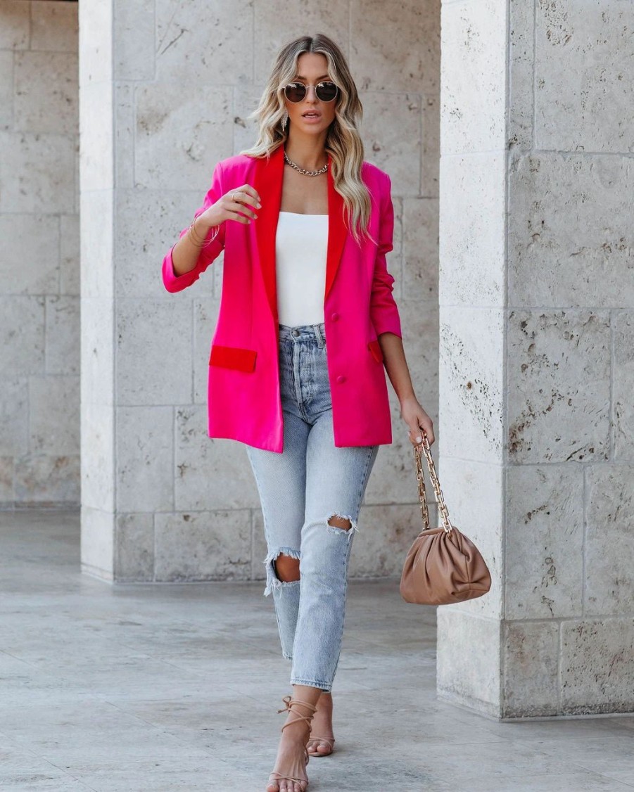 Blazers * | Love Notes Pocketed Colorblock Blazer Fuchsia Red Sale