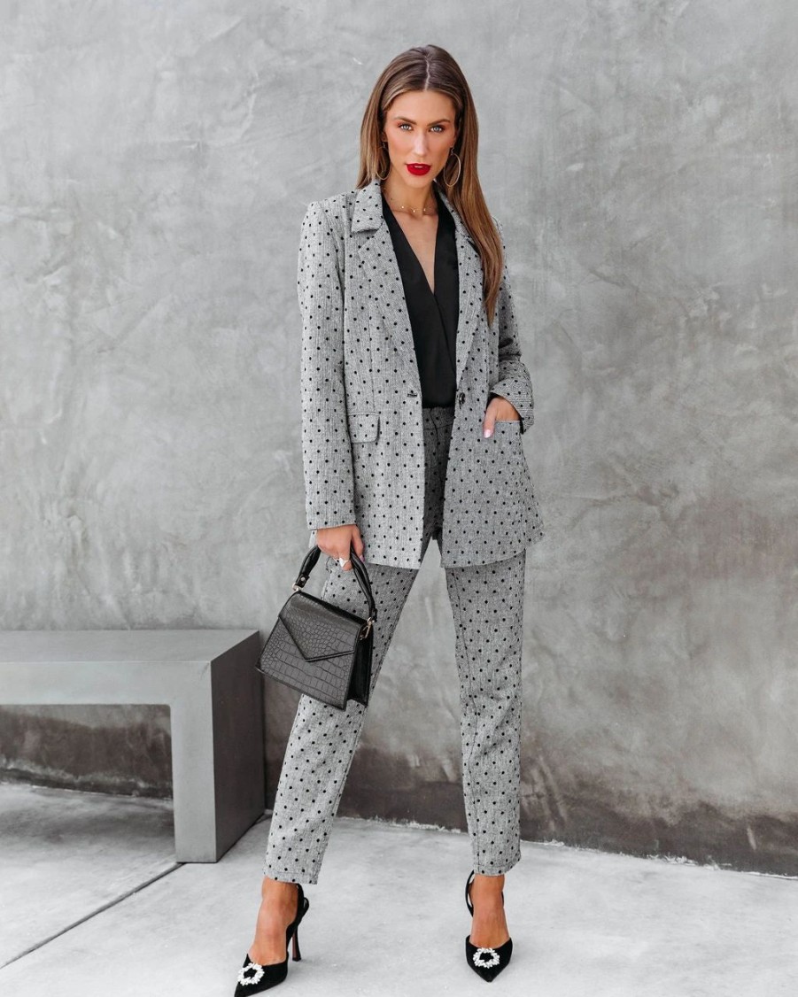 Blazers * | Serving Looks Polka Dot Pocketed Blazer Grey Final Sale