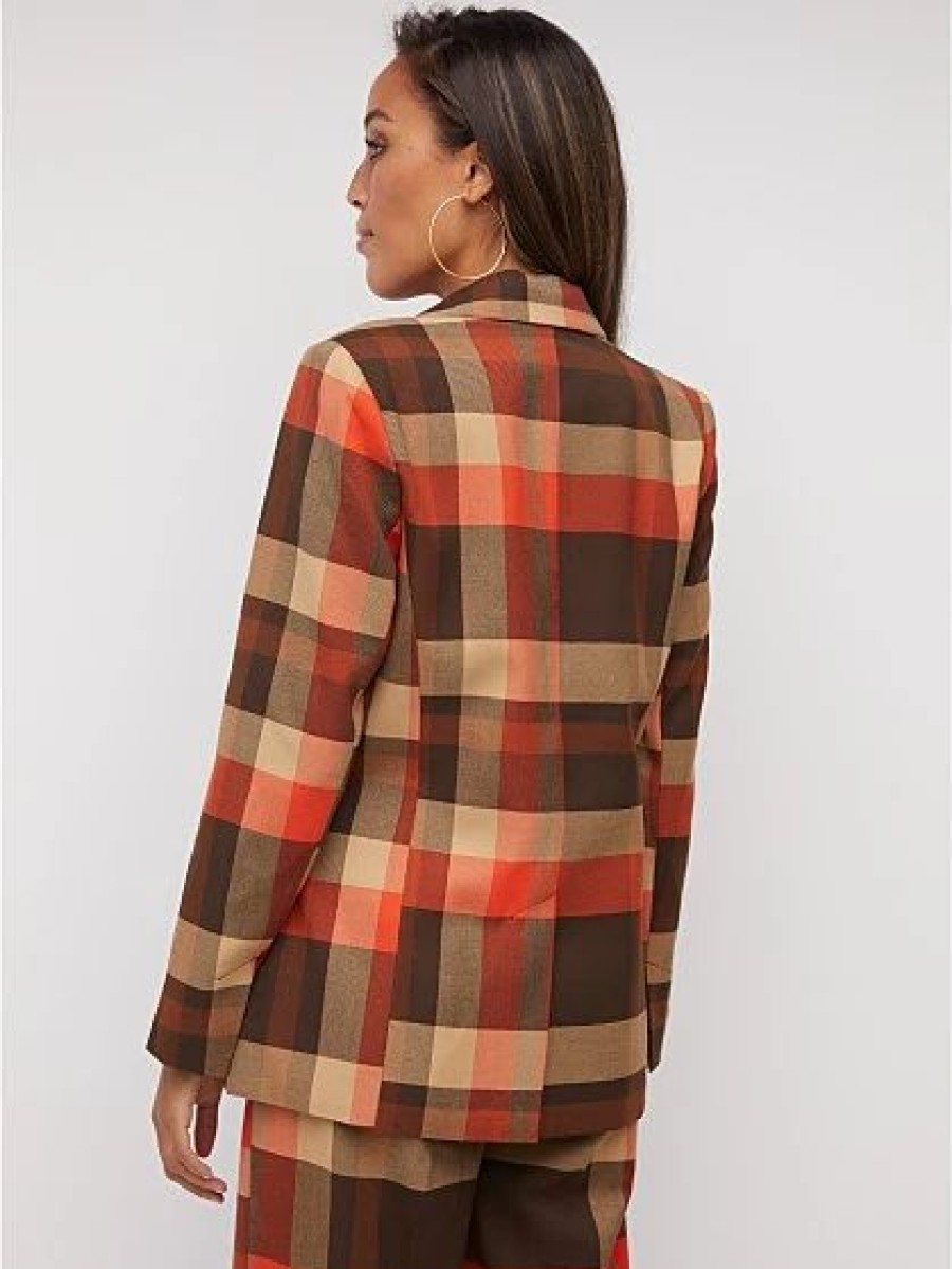 Jackets * | Plaid Oversized Double-Breasted Blazer Brown - Cigar Brown