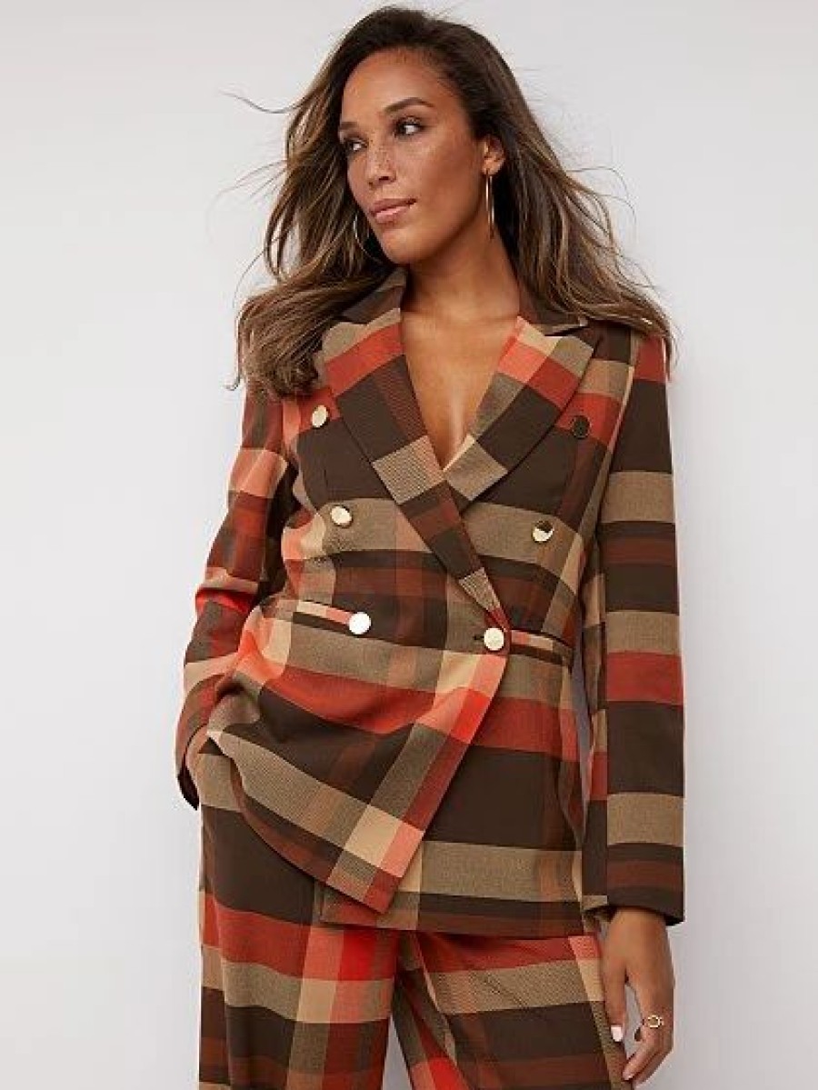 Jackets * | Plaid Oversized Double-Breasted Blazer Brown - Cigar Brown