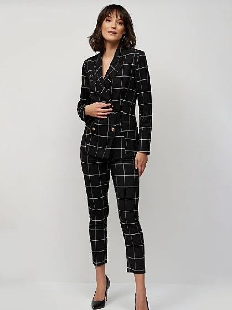 Jackets * | Double-Breasted Windowpane-Print Blazer Black - Black