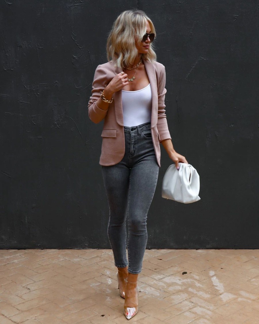 Blazers * | Comfort Zone Dreams Pocketed Knit Blazer Mocha Final Sale