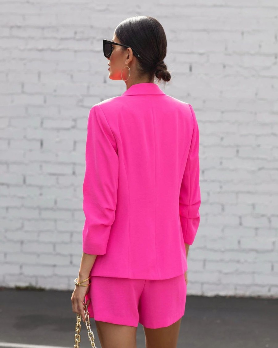 Blazers * | She Means Business Pocketed Blazer Hot Pink Final Sale