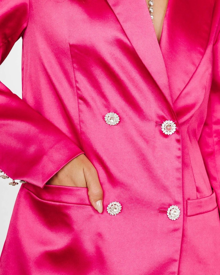 Blazers * | Sensational Queen Satin Embellished Pocketed Blazer Fuchsia Final Sale