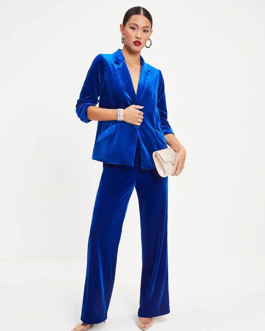 Blazers * | Claudia Velvet Ruched Sleeve Blazer Cobalt Final Sale