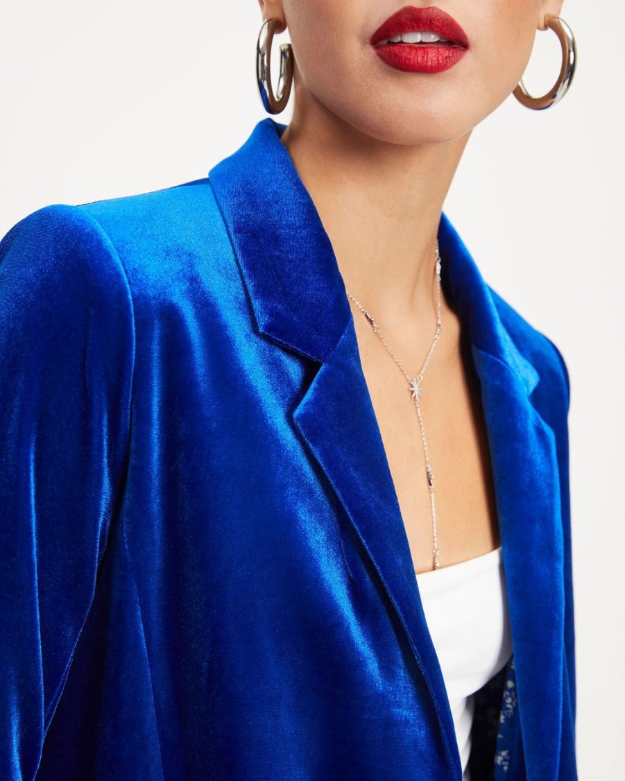 Blazers * | Claudia Velvet Ruched Sleeve Blazer Cobalt Final Sale