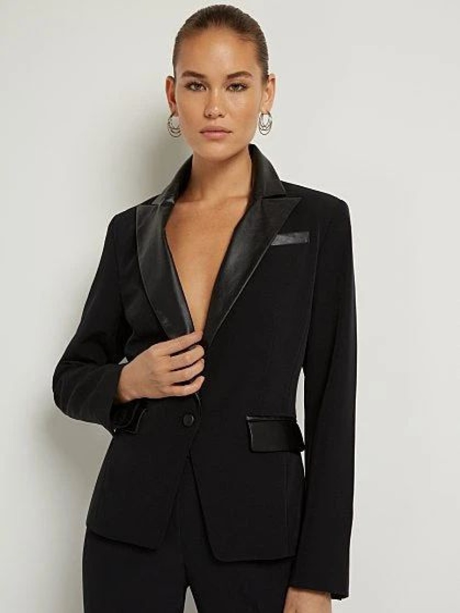 Jackets * | Faux-Leather Trim Blazer Black - Black