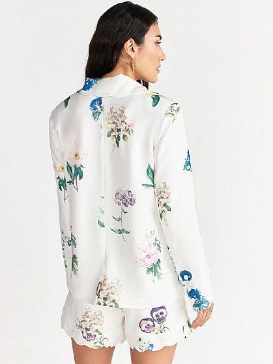 Jackets * | Scallop Hem Floral Linen Blazer White - Ivory