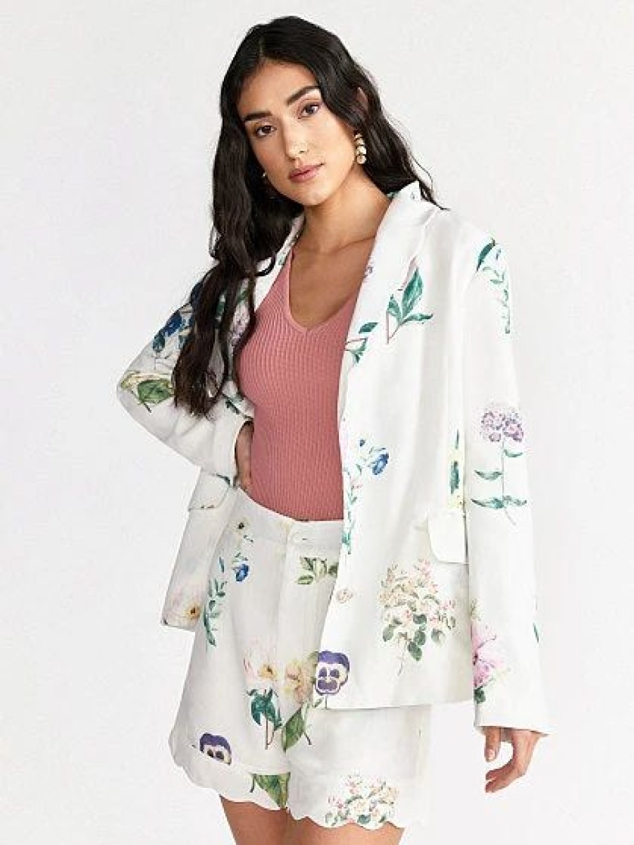 Jackets * | Scallop Hem Floral Linen Blazer White - Ivory