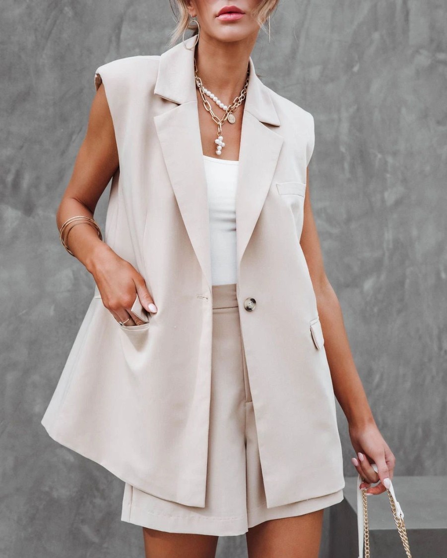 Coats & Jackets * | Margot Pocketed Sleeveless Blazer Sand Final Sale