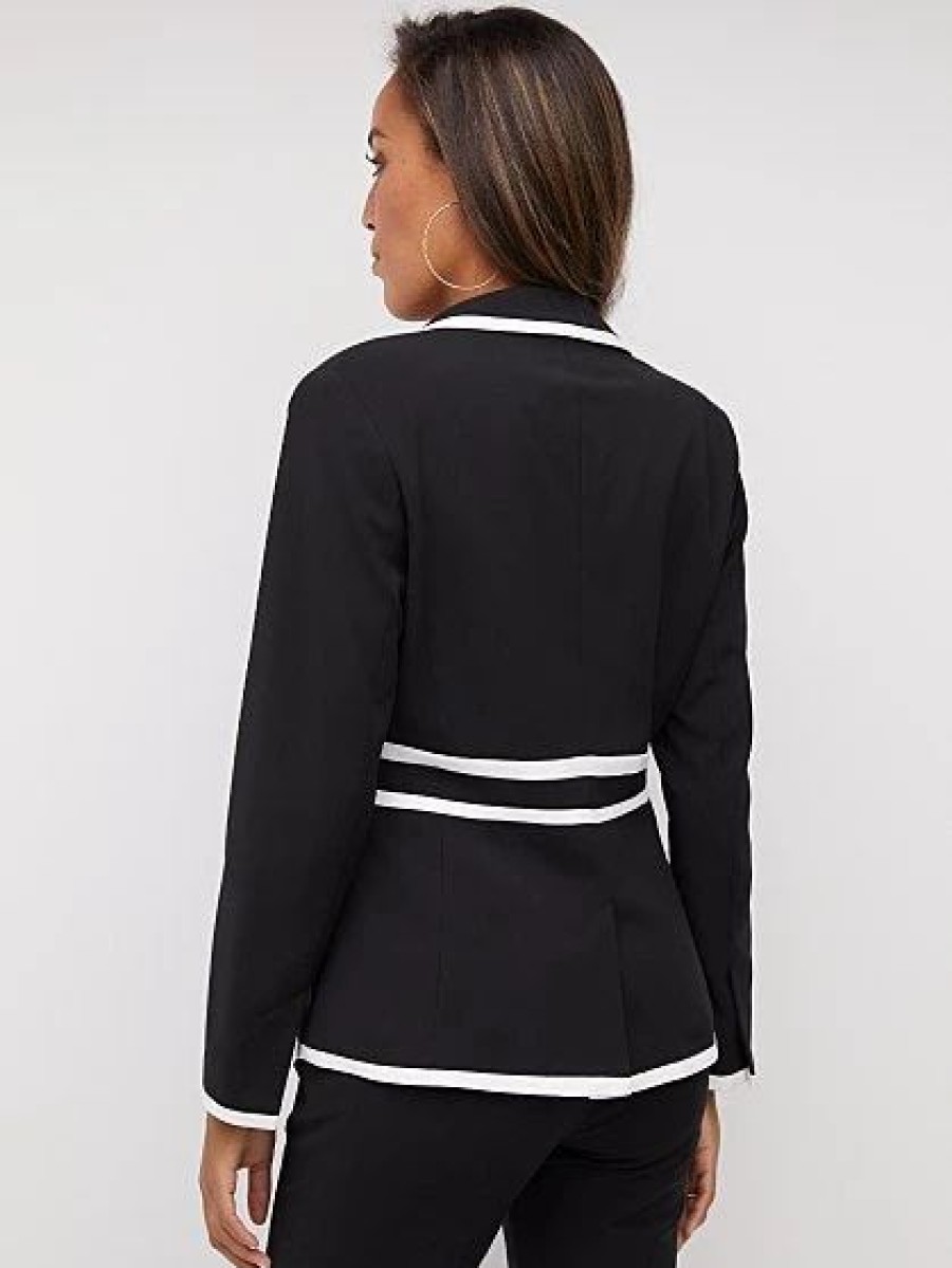 Jackets * | Piped V-Neck Pocket Blazer Black - Black/White