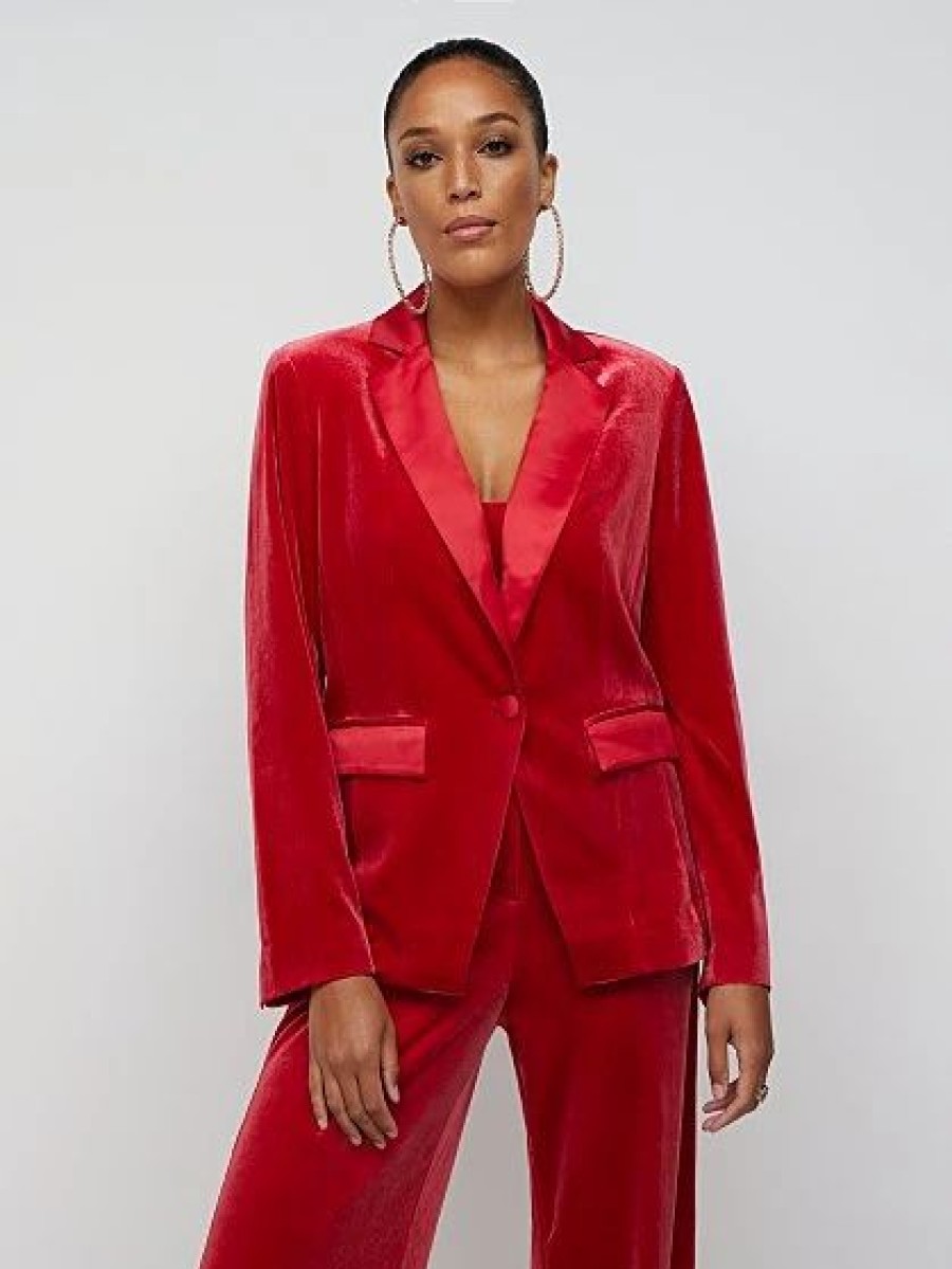 Jackets * | Velvet Satin-Lapel Blazer Red - Coco Red