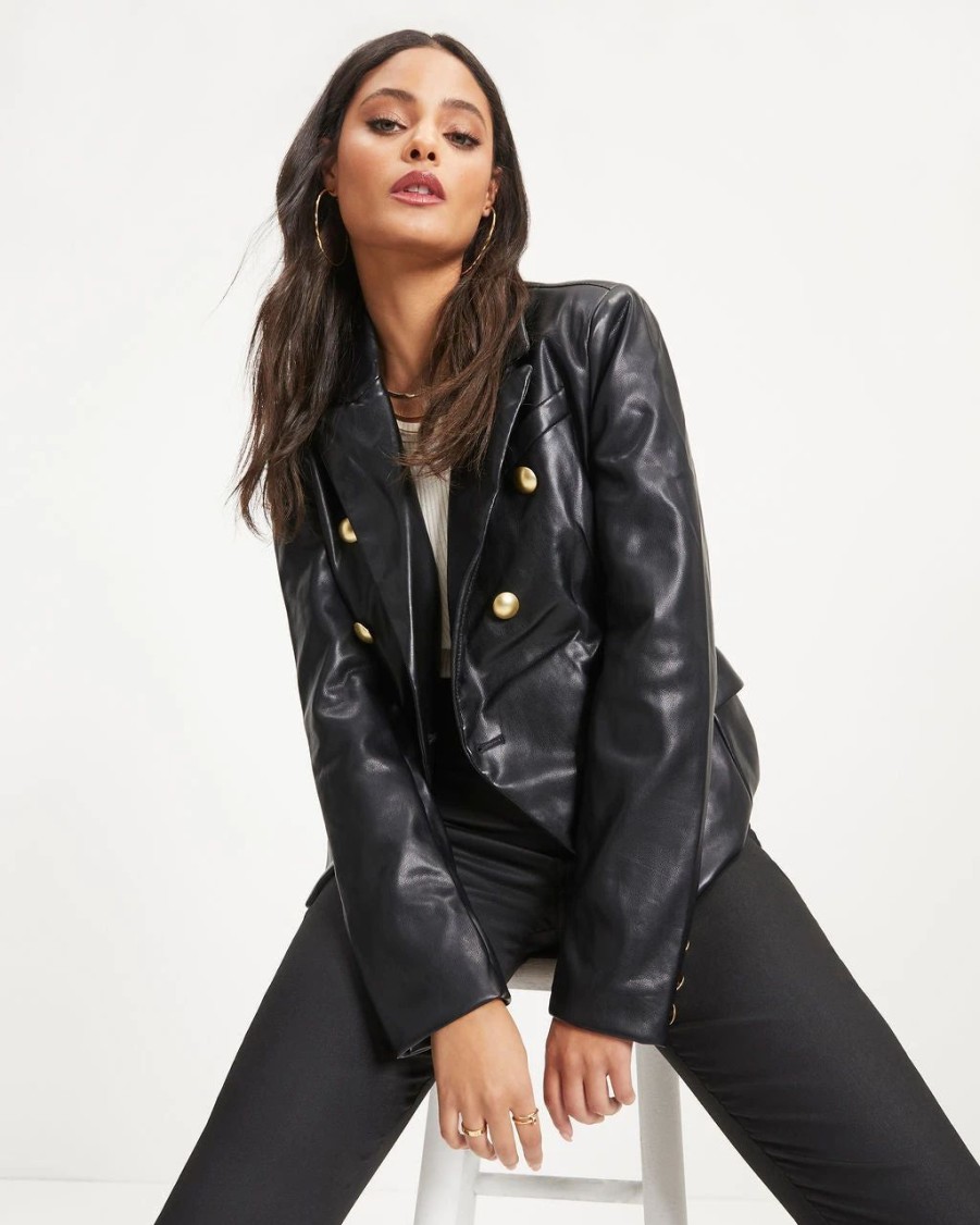 Blazers * | Impress Me Much Pocketed Faux Leather Blazer Black Final Sale