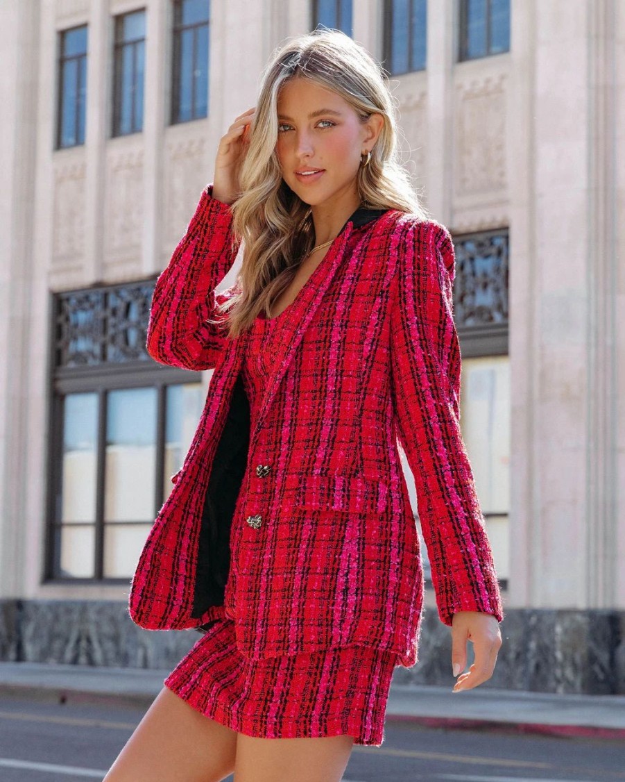 Blazers * | Just Like Me Tweed Pocketed Plaid Blazer Final Sale