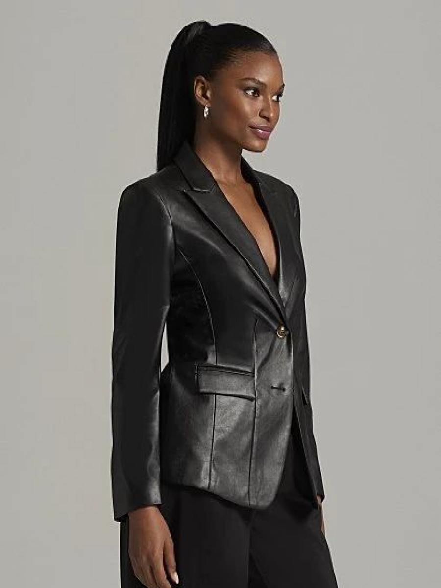 Jackets * | Jette Faux-Leather Blazer Black - Black