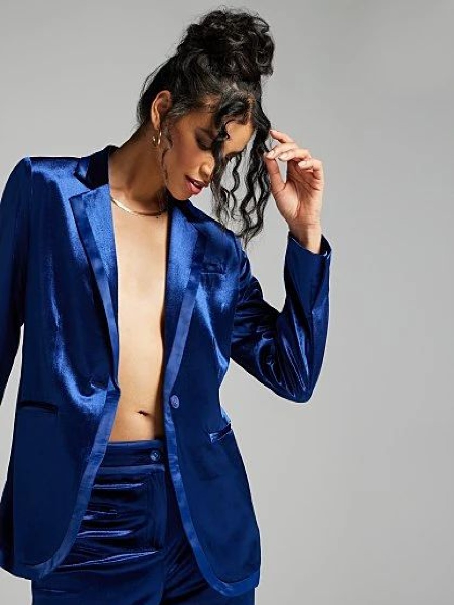 Jackets * | Neve Velvet Single-Button Blazer Blue - Dashing Blue